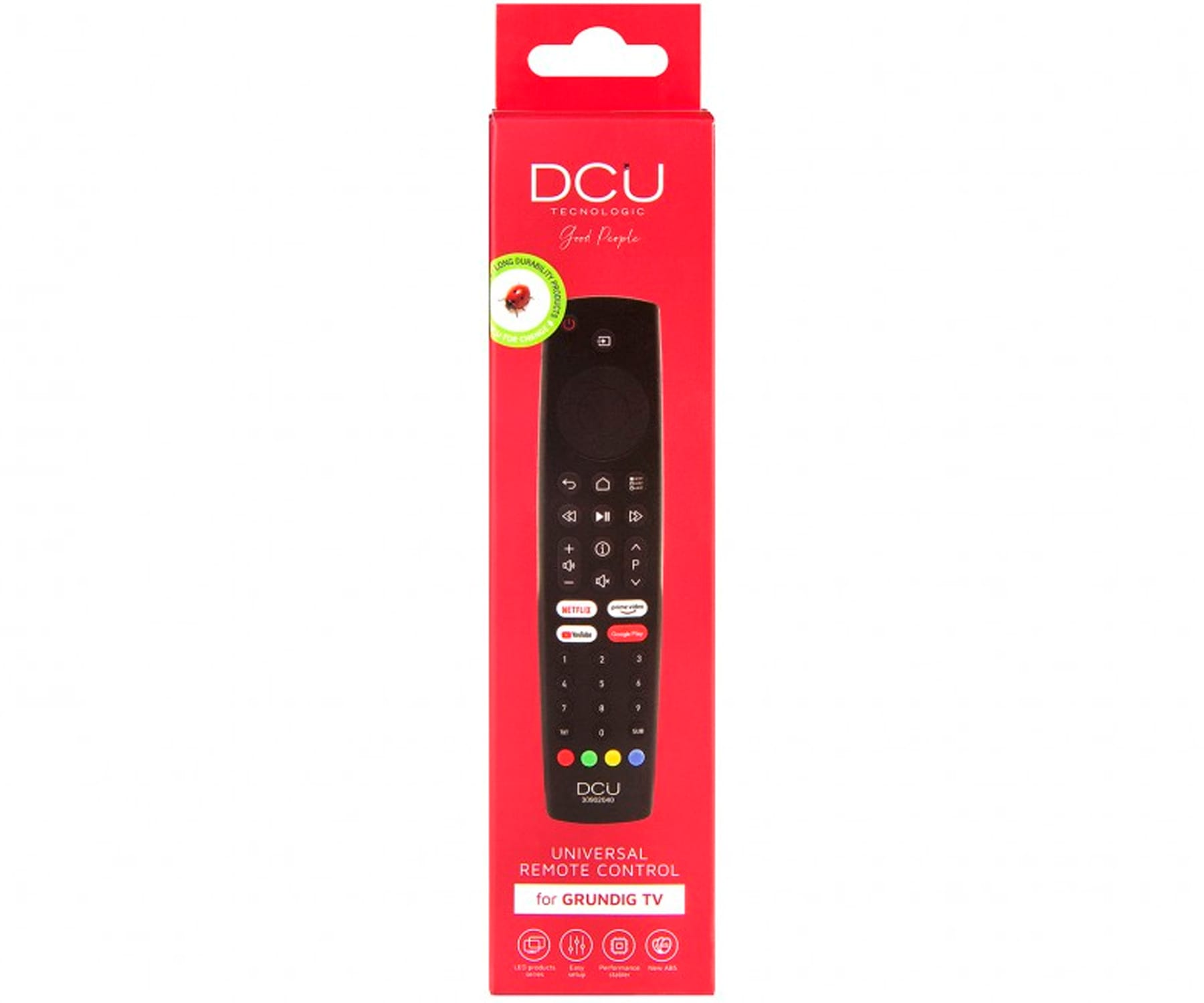 Caja roja con mando a distancia negro para TV Grundig, con botones de función.