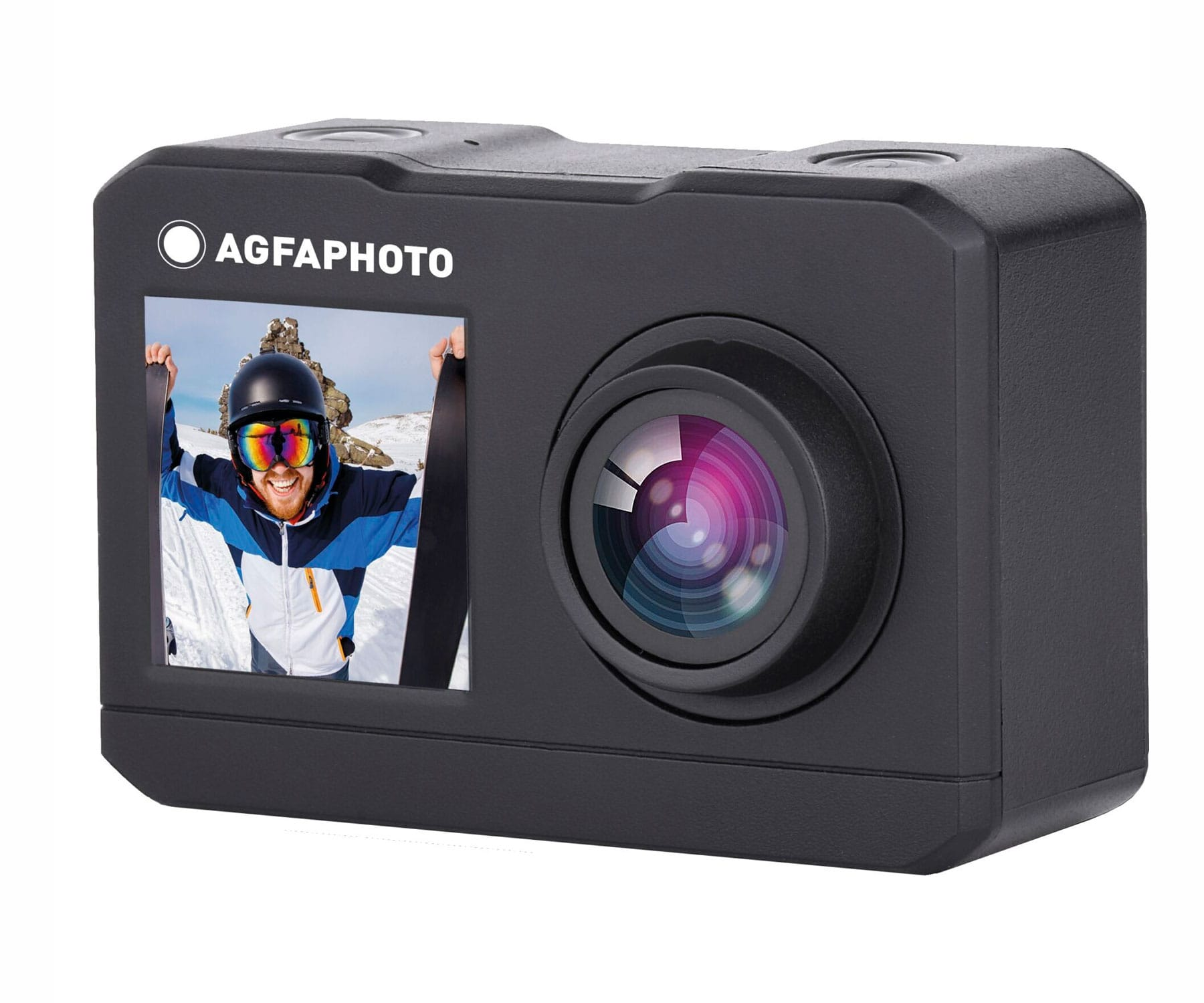 Czarna kamera sportowa z ekranem wyświetlającym narciarza. Kamera ma obiektyw i markę Agfaphoto.