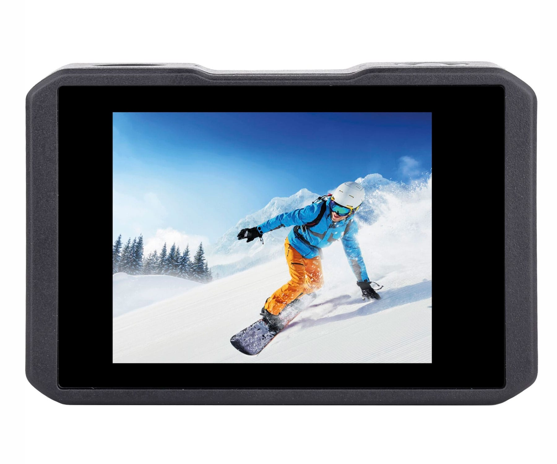 Czarna kamera sportowa wyświetlająca snowboardzistę na zaśnieżonym stoku. Błękitne niebo w tle.