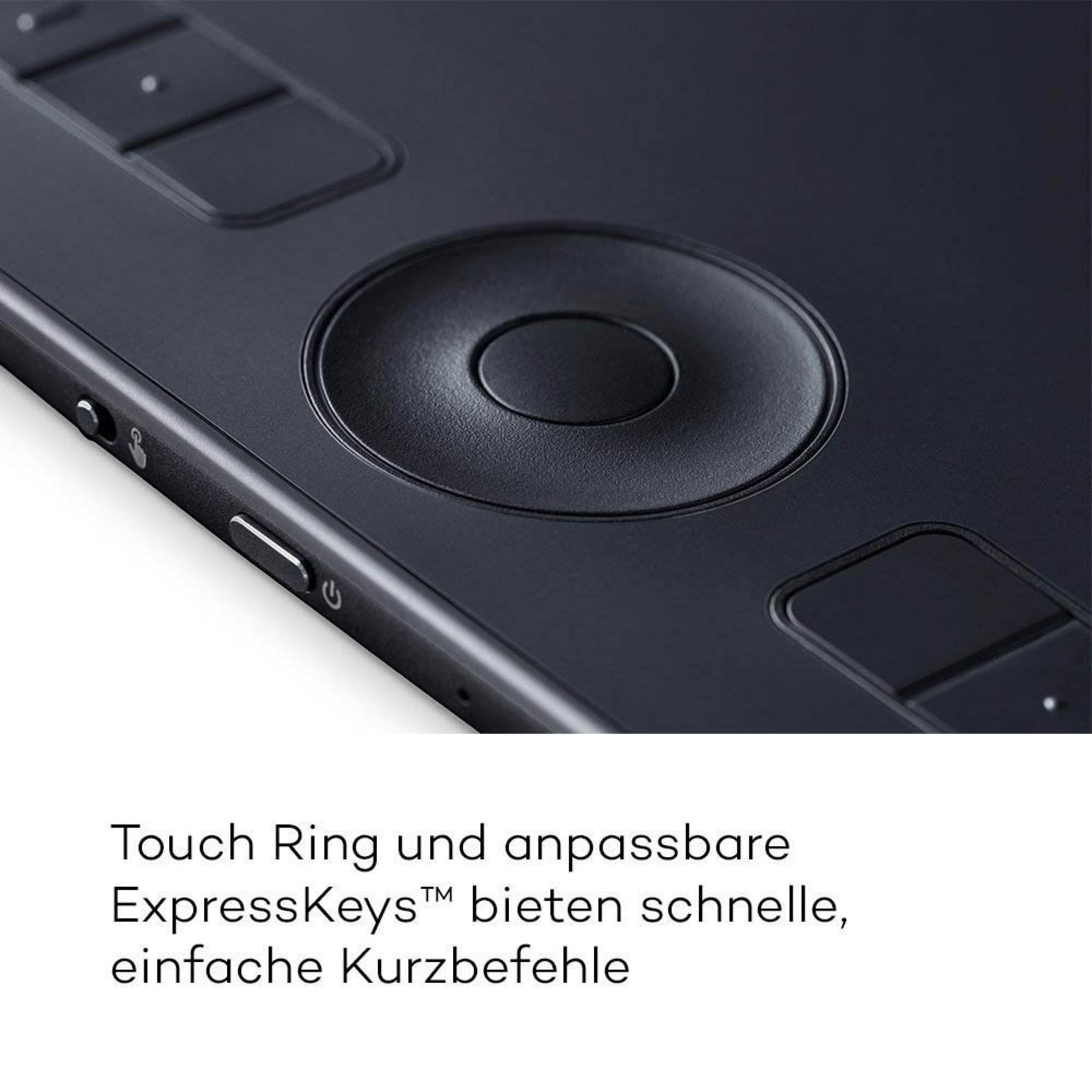Schwarzes Grafiktablett mit zentralem Touch-Ring und Tasten. Text unten auf Deutsch.