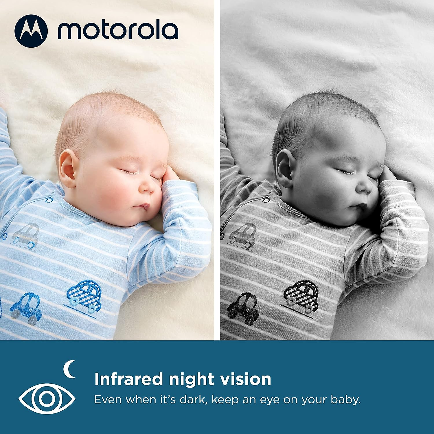 A baby sleeping, image split, left is colored, right is B&W.