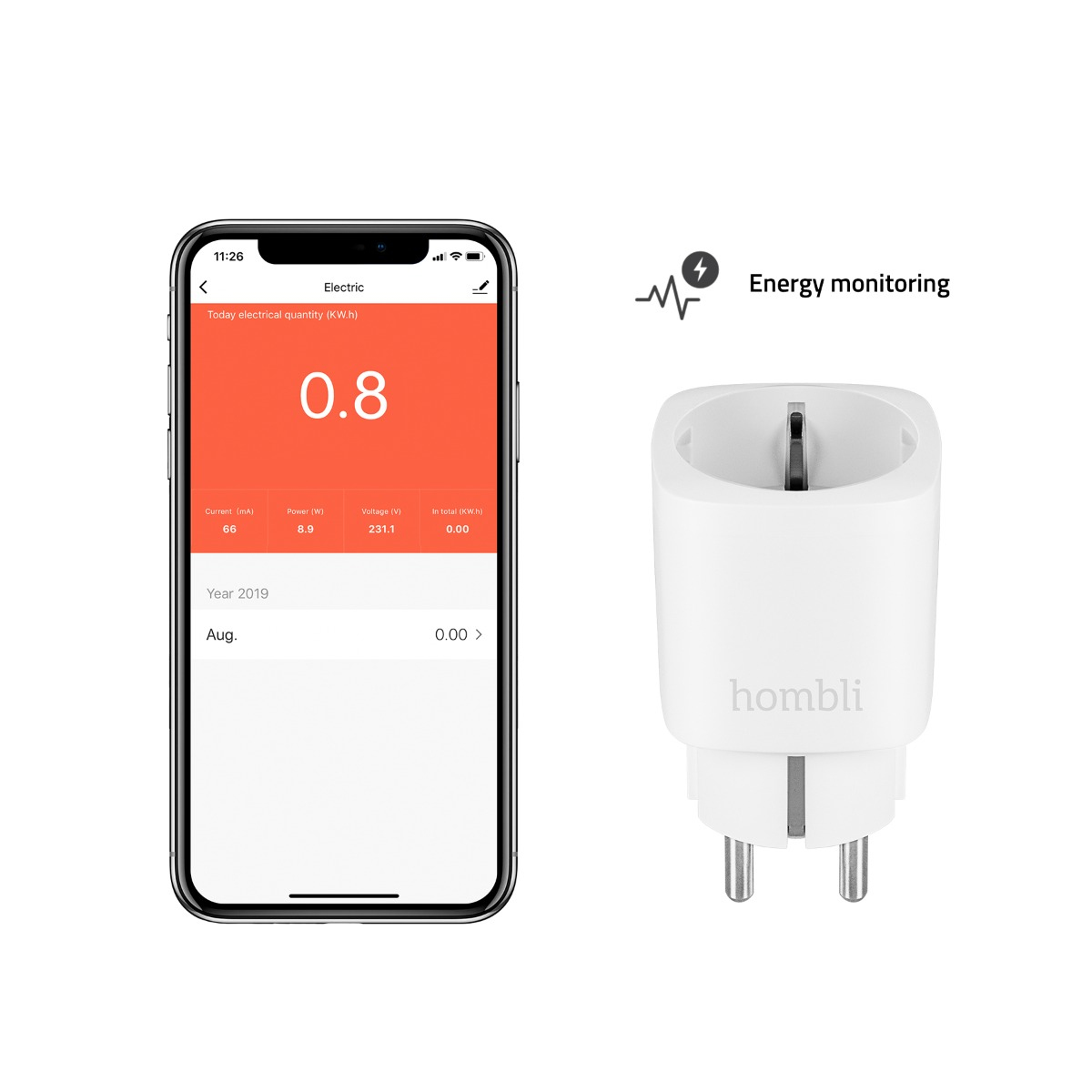Ein Smartphone mit Energiedaten neben einem hombli Smart Plug.