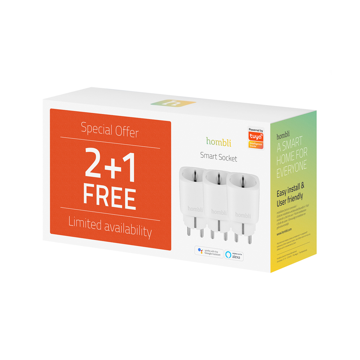 Box mit Smart-Steckdosen, 2+1 gratis. Weiße Box, orange und grüne Details. Weißer Hintergrund.