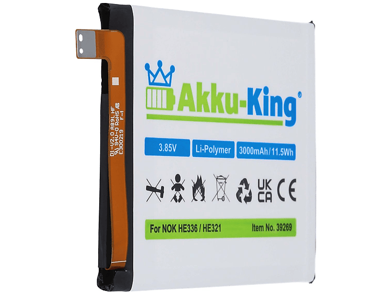 AKKU-KING Akku 3000mAh mit HE321 Volt, Li-Polymer Nokia kompatibel Handy-Akku, 3.85