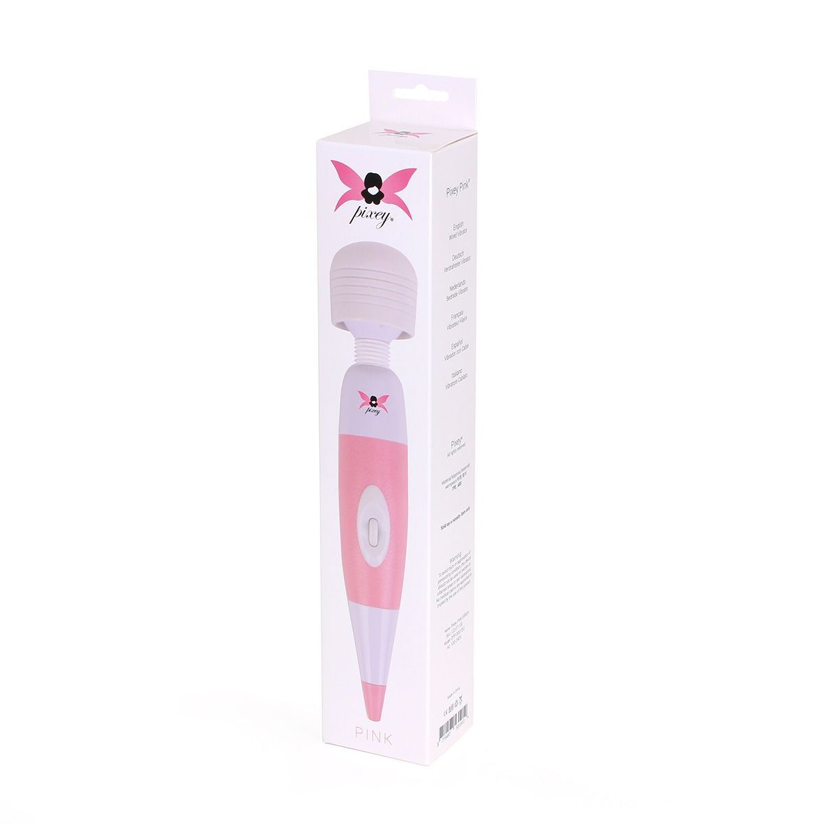 Ein rosa-weißer Vibrator wird in seiner weißen Box gezeigt. Die Box trägt den Markennamen 'pixey' und Produktinformationen. Der Vibrator ist rosa.