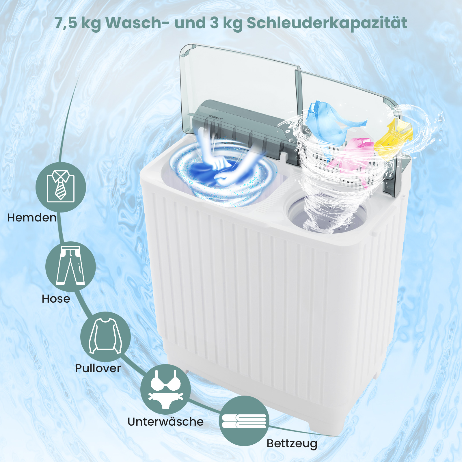COSTWAY 2 kg, E) (7,5 Kammern Waschmaschine