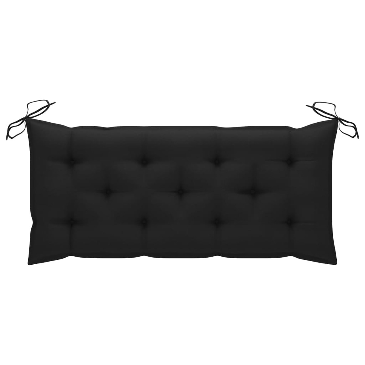 Ein schwarzes, rechteckiges Outdoor-Kissen mit Knöpfen und Bindebändern an den Enden.