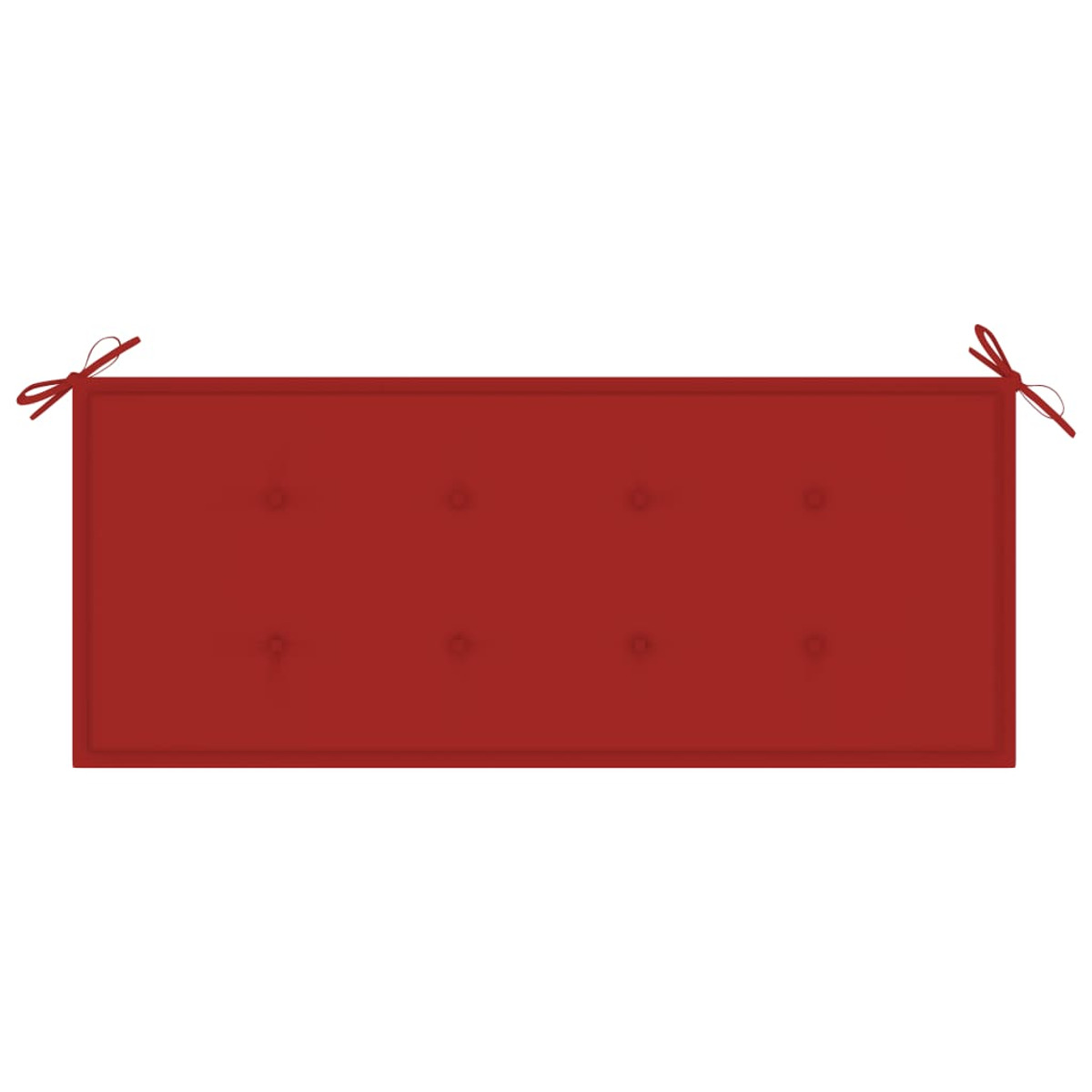 Rotes Sitzkissen für den Außenbereich mit getufteten Knöpfen und Bindebändern an den Ecken.