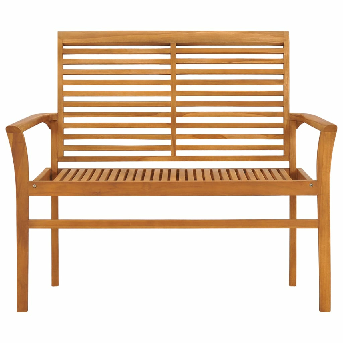 Holzbank mit Rückenlehne und Armlehnen, horizontale Lamellen. Vorderansicht, freigestellt.