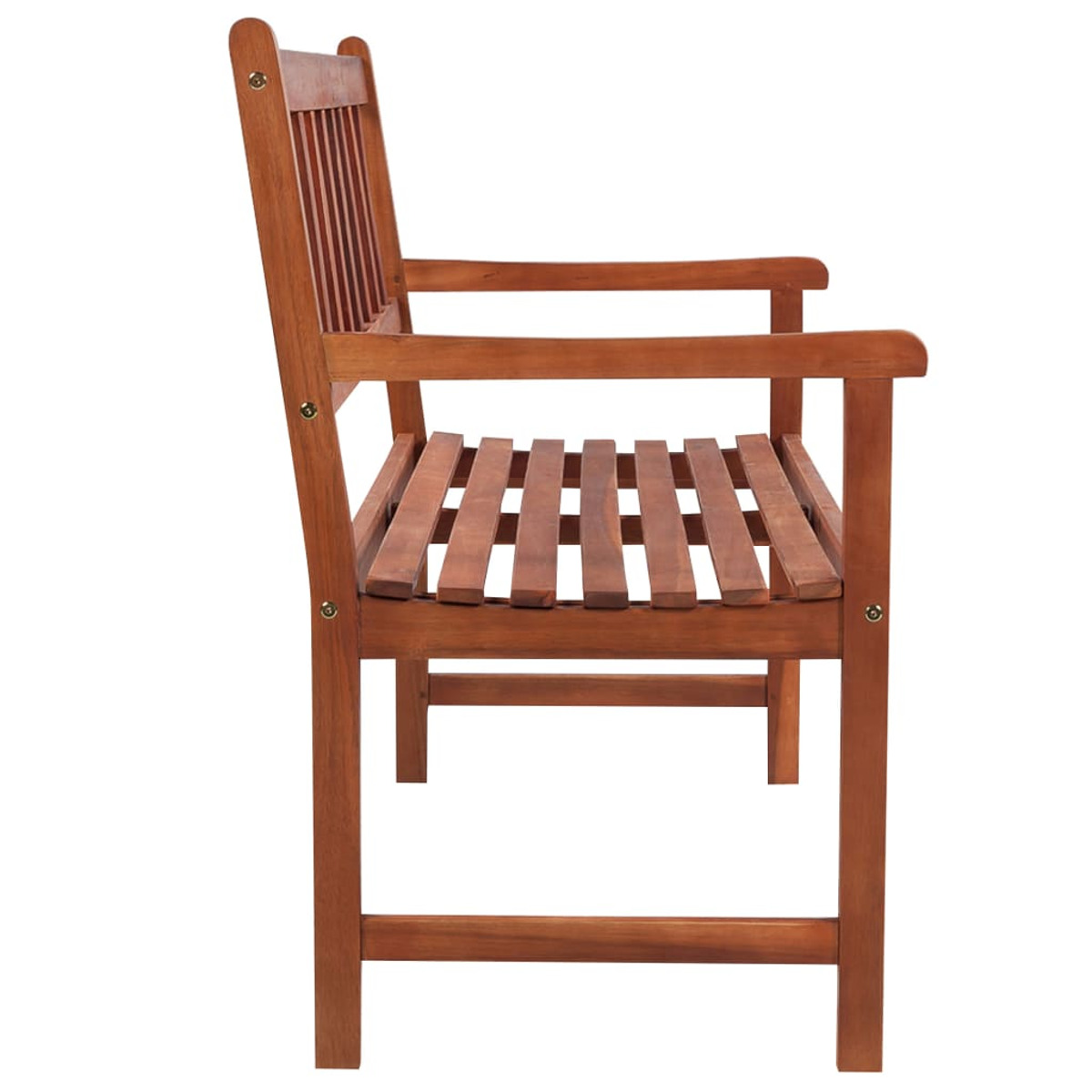 Seitenansicht einer Holzbank mit Lamellen auf Sitz und Rücken. Zeigt Armlehne und Beinstruktur.