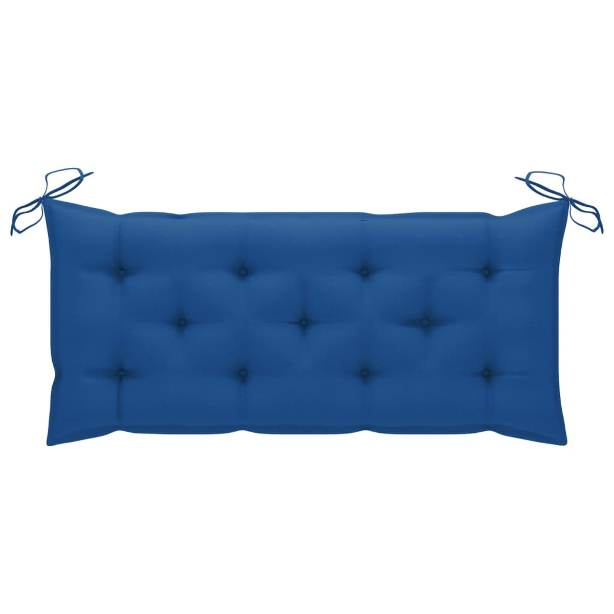 Blaues Kissen mit Knopfdetails und Bindebändern. Rechteckige Form.