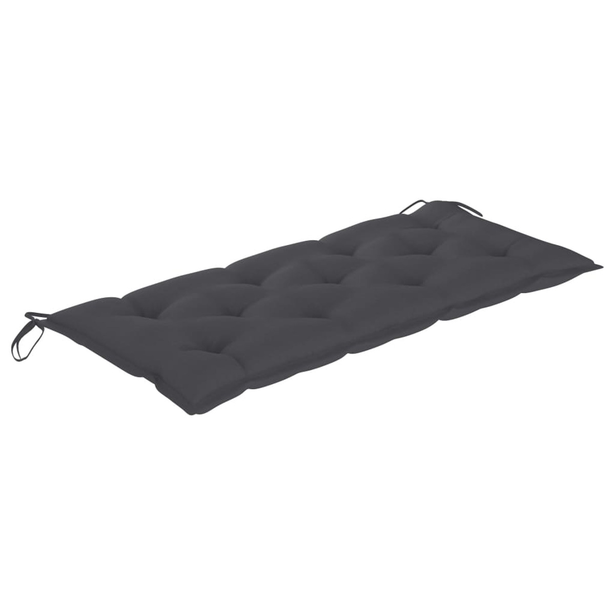 Dunkelgraues rechteckiges Kissen mit getuftetem Design, schwarze Bänder an den Enden. Weißer Hintergrund.