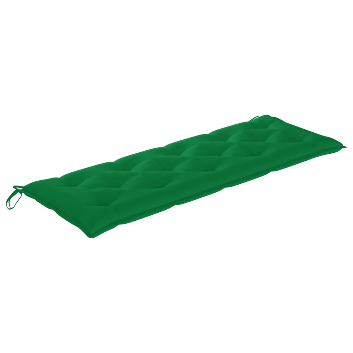 Grünes Outdoor-Bankkissen. Das Kissen ist rechteckig mit Knopfheften und Bindungen.