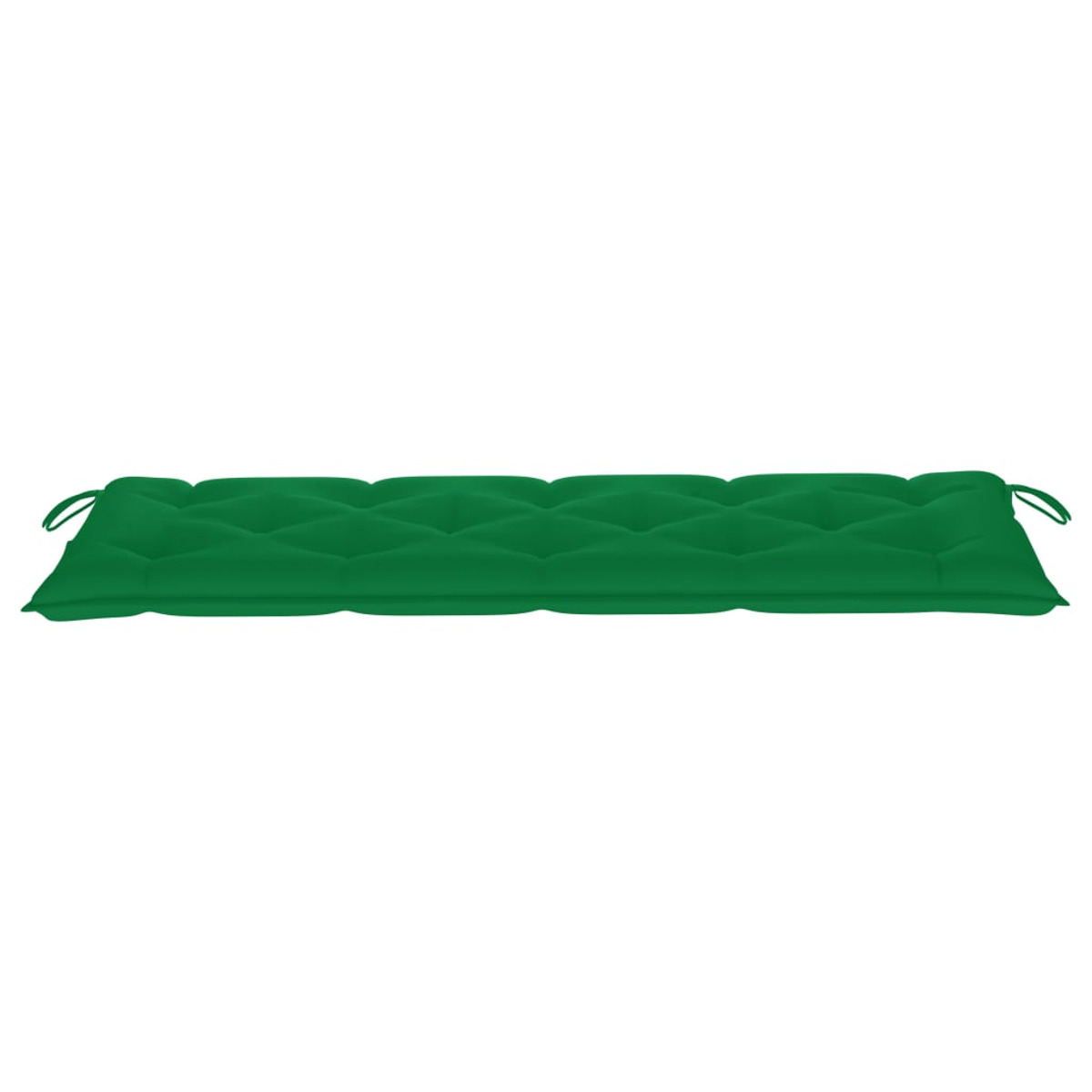 Ein grünes, rautenförmiges Kissen mit Bindebändern an jedem Ende liegt horizontal vor weißem Hintergrund.