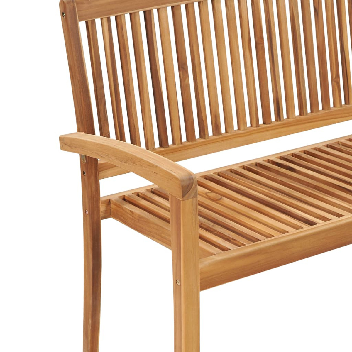 Nahaufnahme einer Holzbank mit Latten, Armlehne und Seitenansicht.