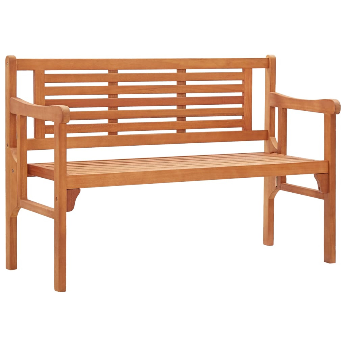 Holzbank mit horizontalen Lamellen und Armlehnen. Ein einfaches Design.