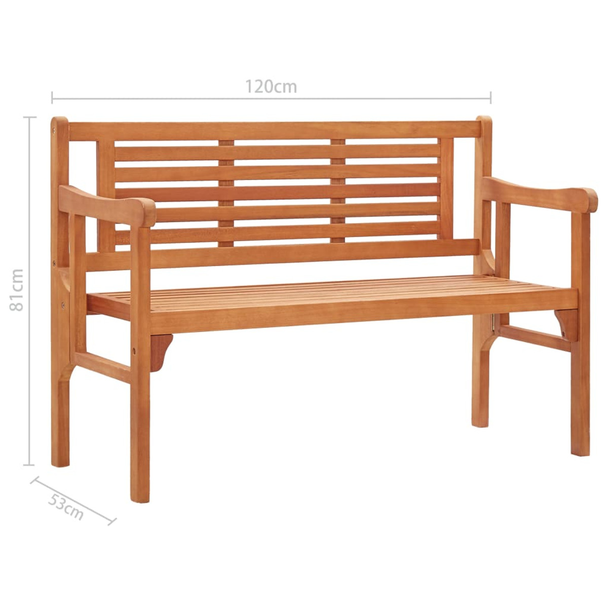 Holzbank mit Armlehnen. Sie hat eine Lattenlehne und -sitzfläche. Maße sind 120x81x53cm.