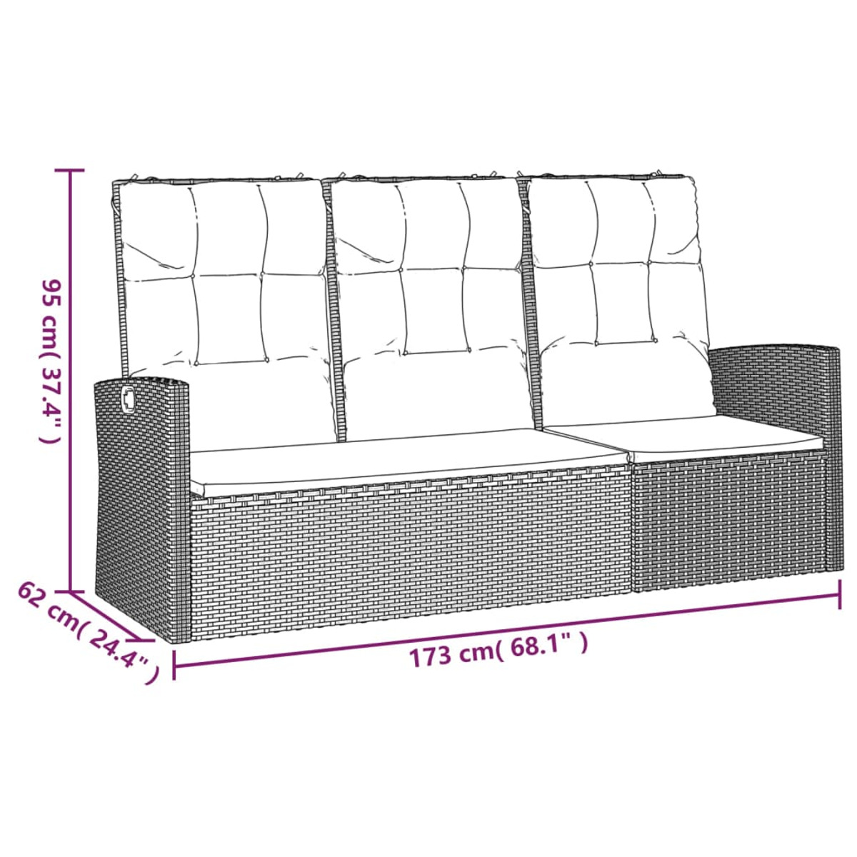 Outdoor-Sofa mit Maßen. Das Sofa besteht aus Korbgeflecht, mit Kissen.
