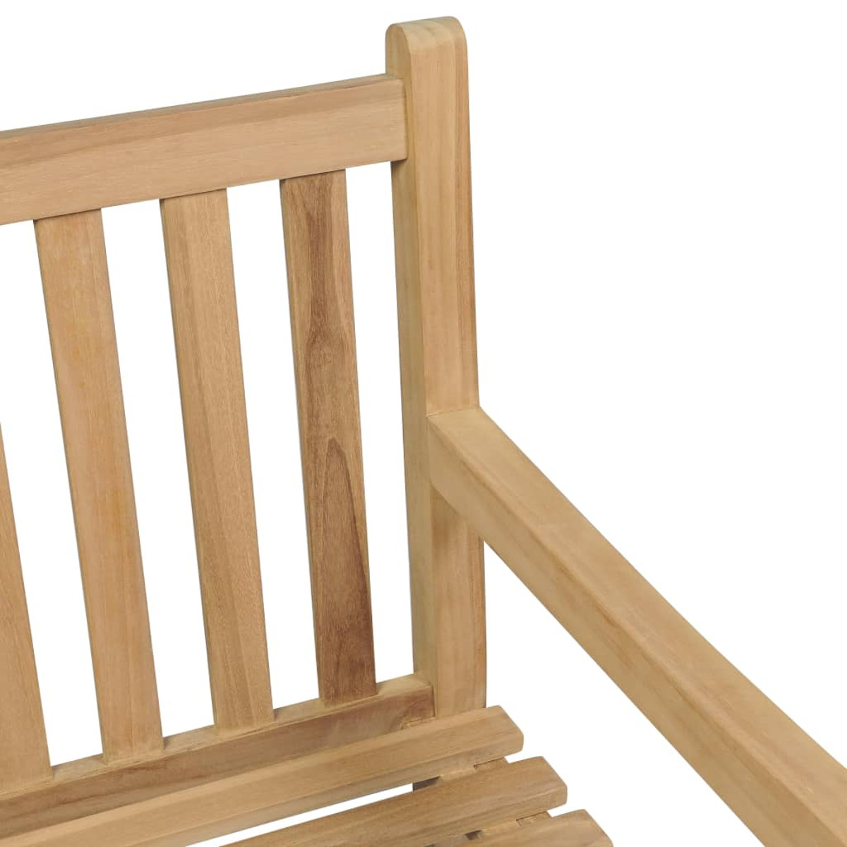 Seitenansicht einer Holzbank mit vertikalen Lamellen und Armlehne.