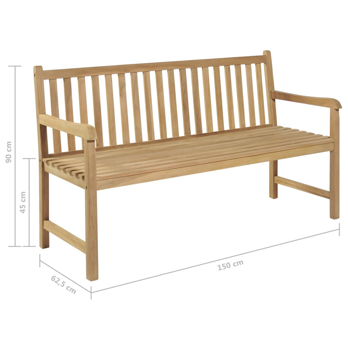 Holzbank mit Lattenrückenlehne, Armlehnen und Sitzfläche. Maße sind sichtbar.