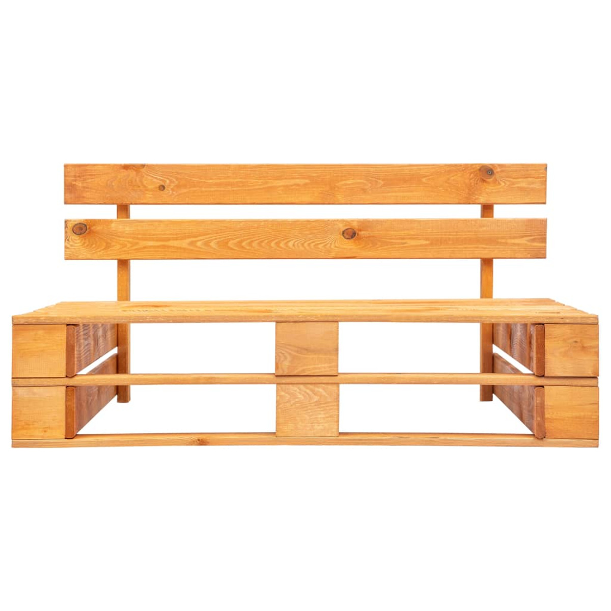 Holzpalettenbank mit zwei Holzebenen, hellbraune Farbe.
