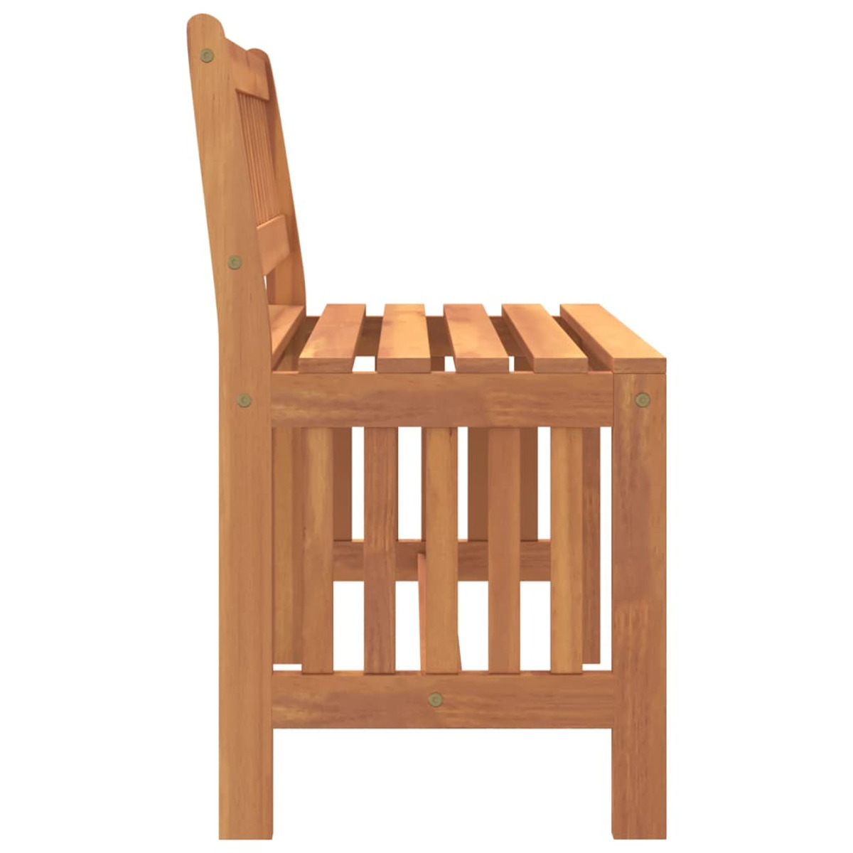 Holzbank, Seitenansicht, mit Lattenrückenlehne und Sitzfläche, Beinen.