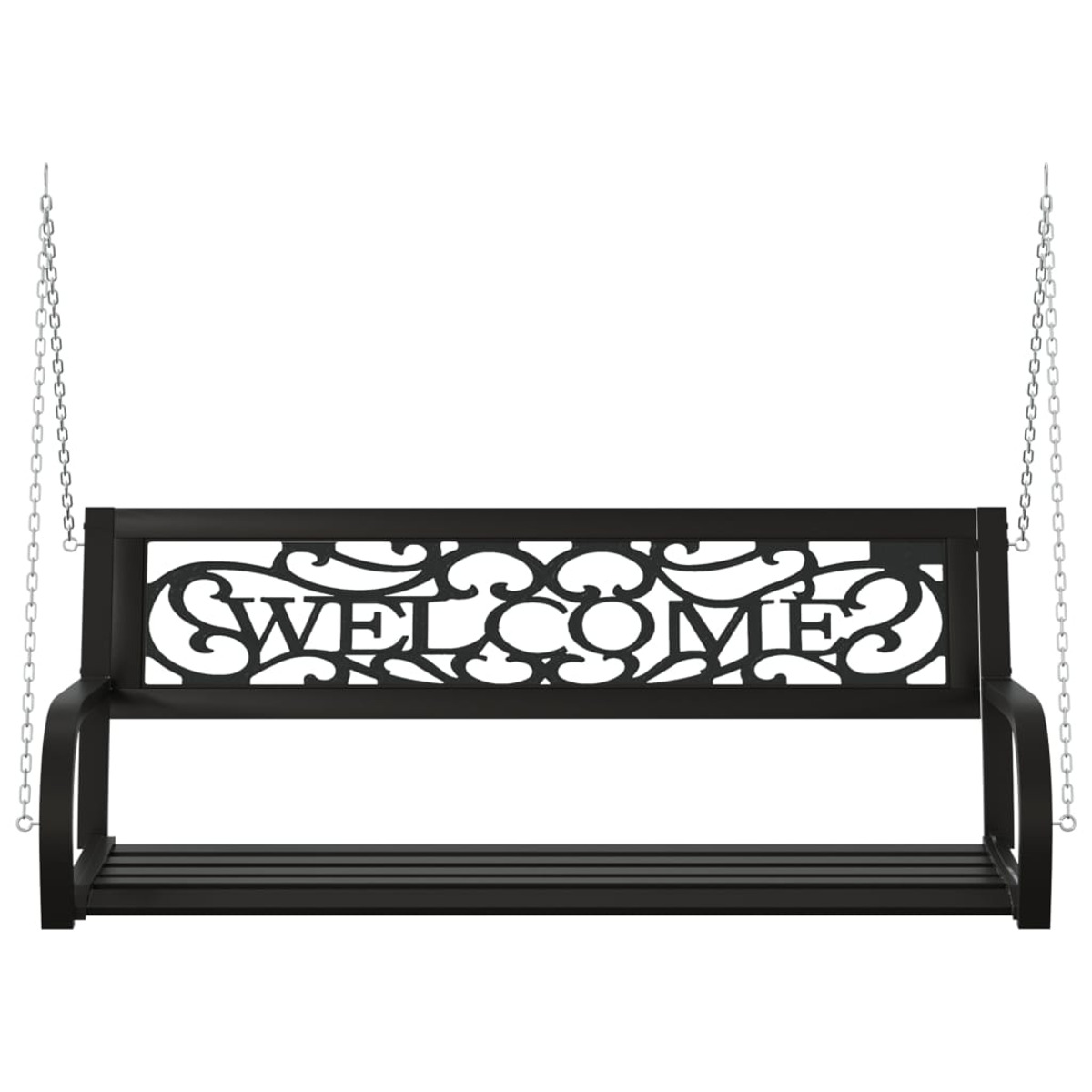 Schwarze Metallschaukel mit WELCOME-Aussparung. Ketten befestigt. Dekoratives, verziertes Design.