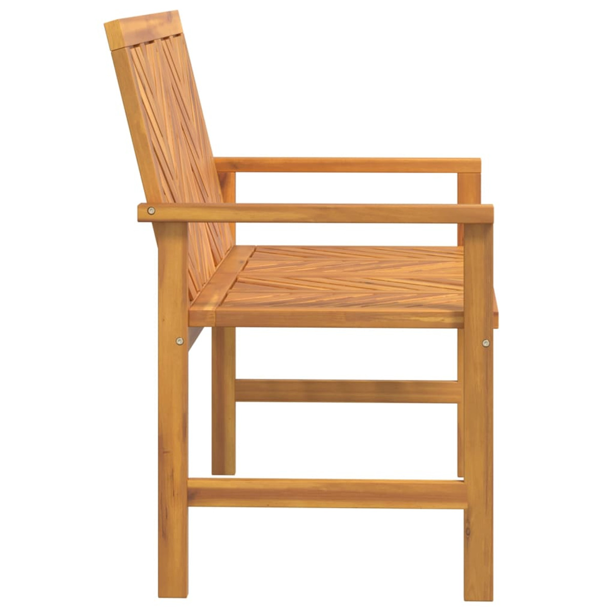 Seitenansicht einer Holzbank mit Armlehnen. Die Bank besteht aus hellbraunem Holz.