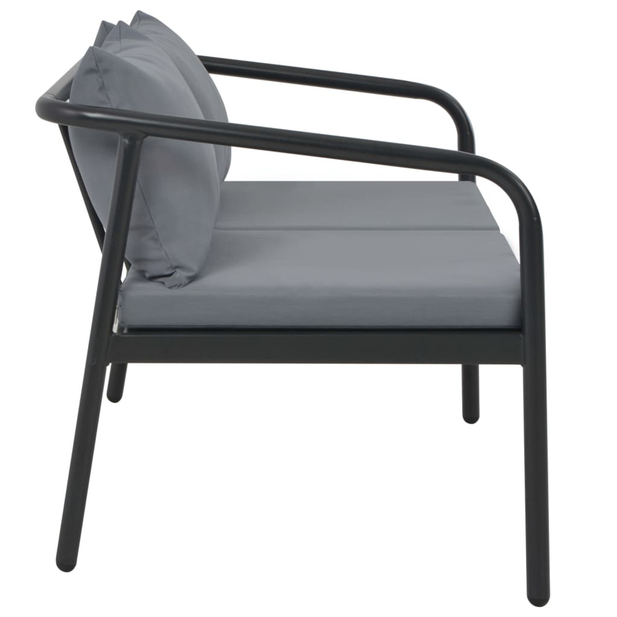 Ein schwarzes Metall-Zweisitzer-Sofa mit grauen Kissen. Es hat einen gebogenen Rahmen und Armlehnen.