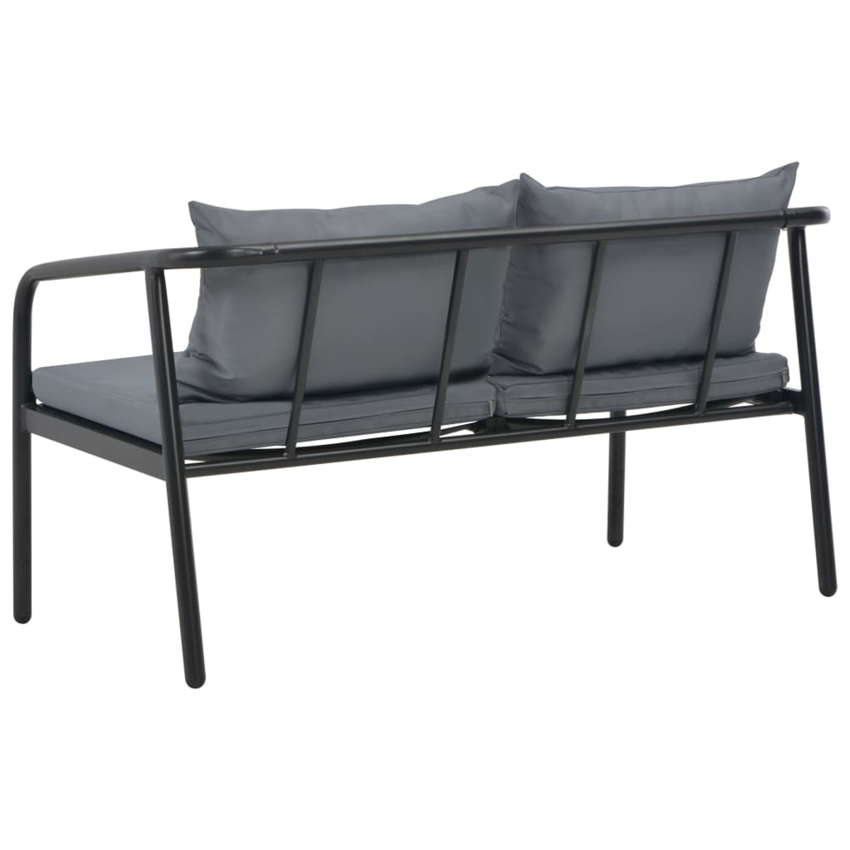 Ein graues Metall-Outdoor-Sofa mit zwei Kissen. Es hat ein schwarzes Metallgestell und steht vor weißem Hintergrund.