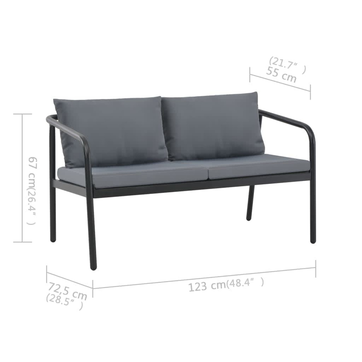 Ein Zweisitzer-Outdoor-Sofa mit Abmessungen in cm: 123 cm lang, 67 cm hoch und 72,5 cm tief.
