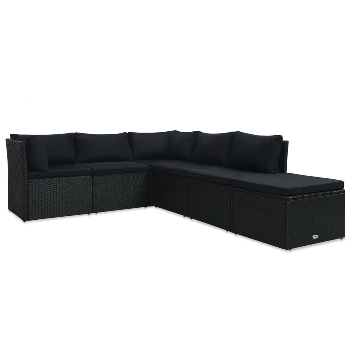 Schwarzes Rattan-Ecksofa auf weißem Hintergrund. L-förmige Konfiguration.