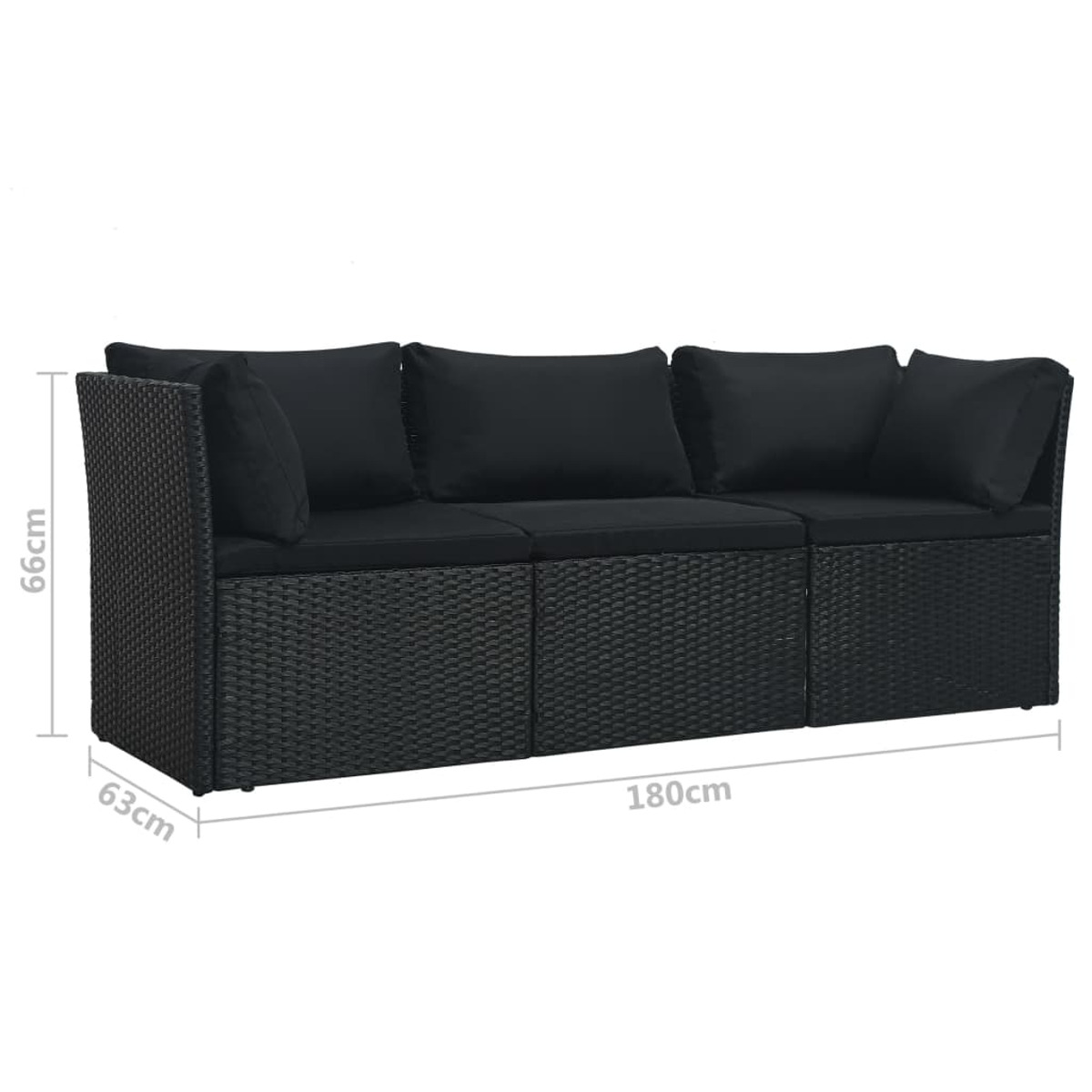 Schwarzes Rattan-Sofa mit Maßen, mit schwarzen Kissen auf weißem Hintergrund.