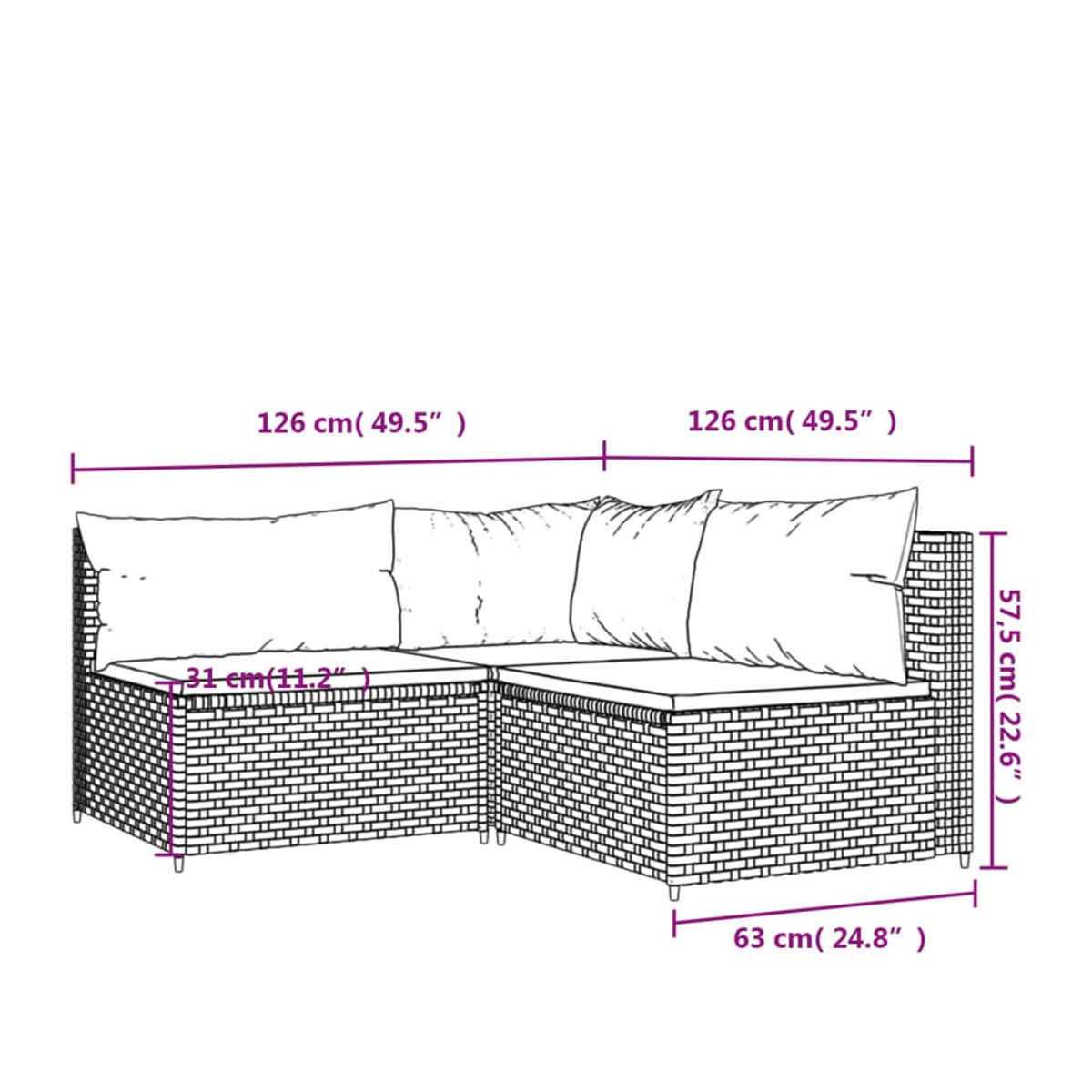 Ecksofa mit Kissen auf weißem Hintergrund, Abmessungen in cm und Zoll.