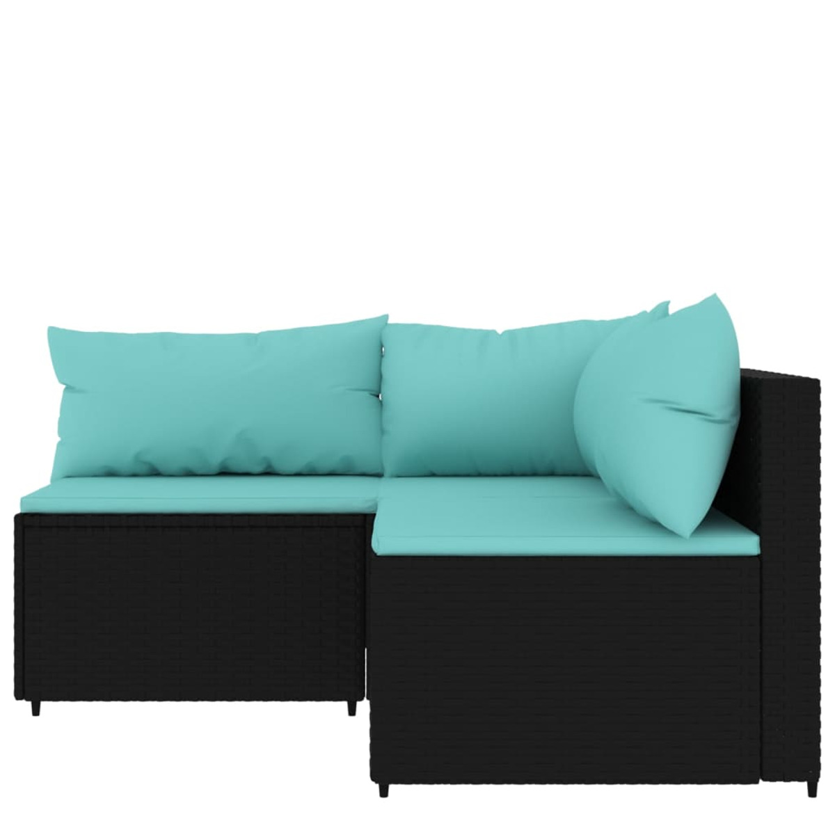 Outdoor Rattan Ecksofa mit schwarzem Unterbau, türkisfarbenen Kissen auf weißem Hintergrund.