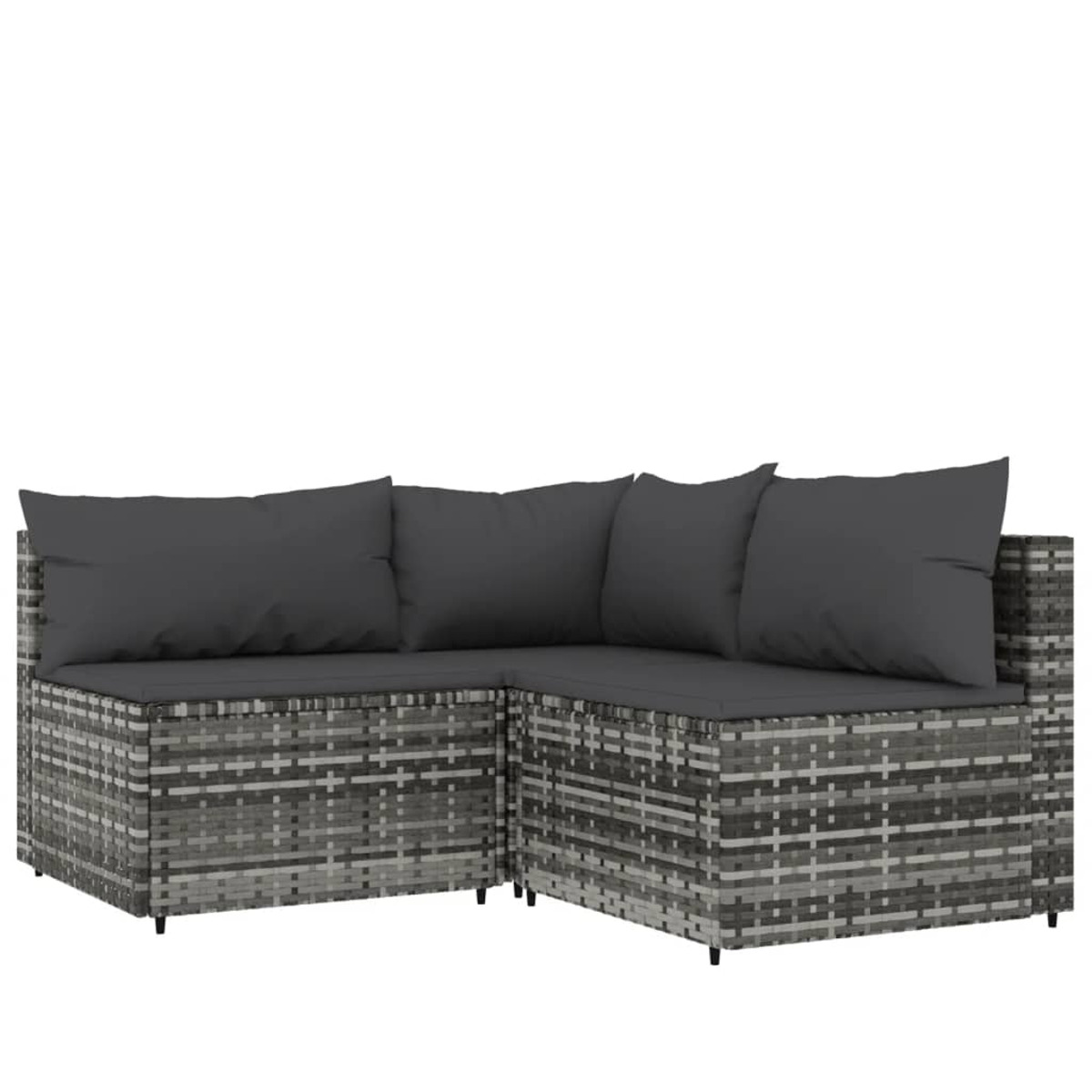 Graues Ecksofa aus Korbgeflecht mit dunkelgrauen Kissen. Es hat eine gewebte Textur.