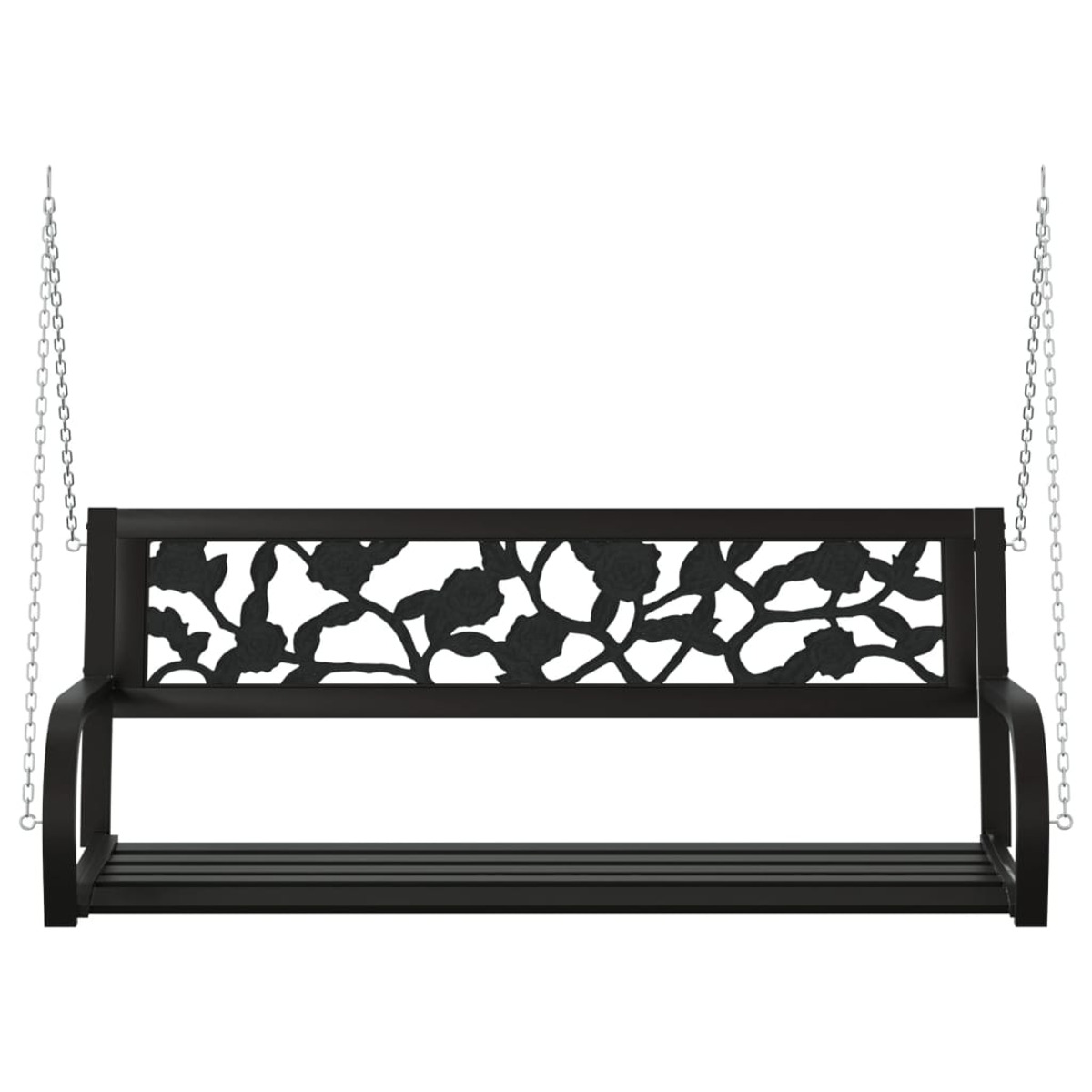 Schwarze Metall-Schaukelbank mit floralen Ausschnitten, an Ketten hängend.