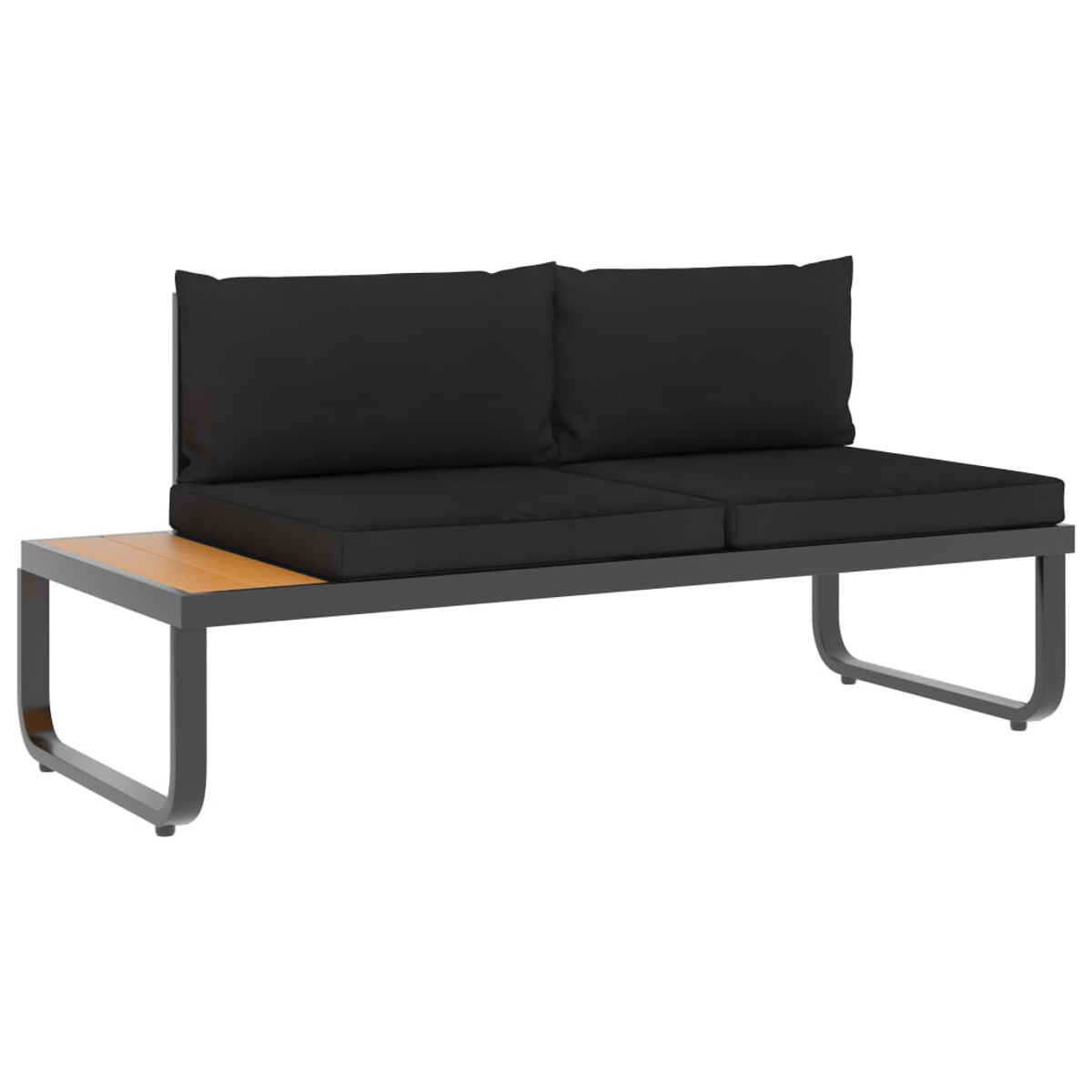 Schwarzes Sofa mit Holztisch, schwarzen Kissen, weißer Hintergrund.