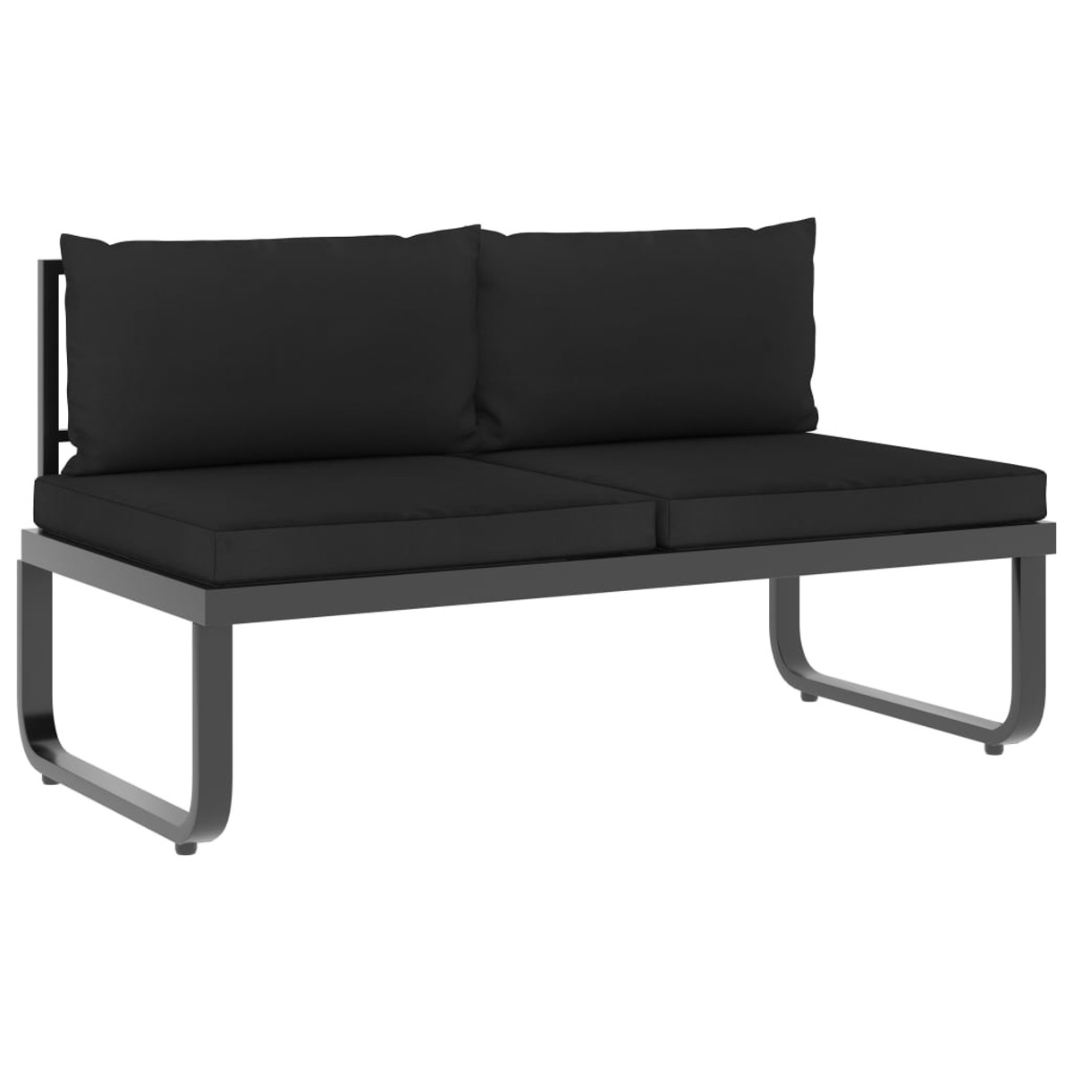 Schwarzes Sofa mit zwei Kissen auf einem Metallrahmen, isoliert auf weißem Hintergrund.
