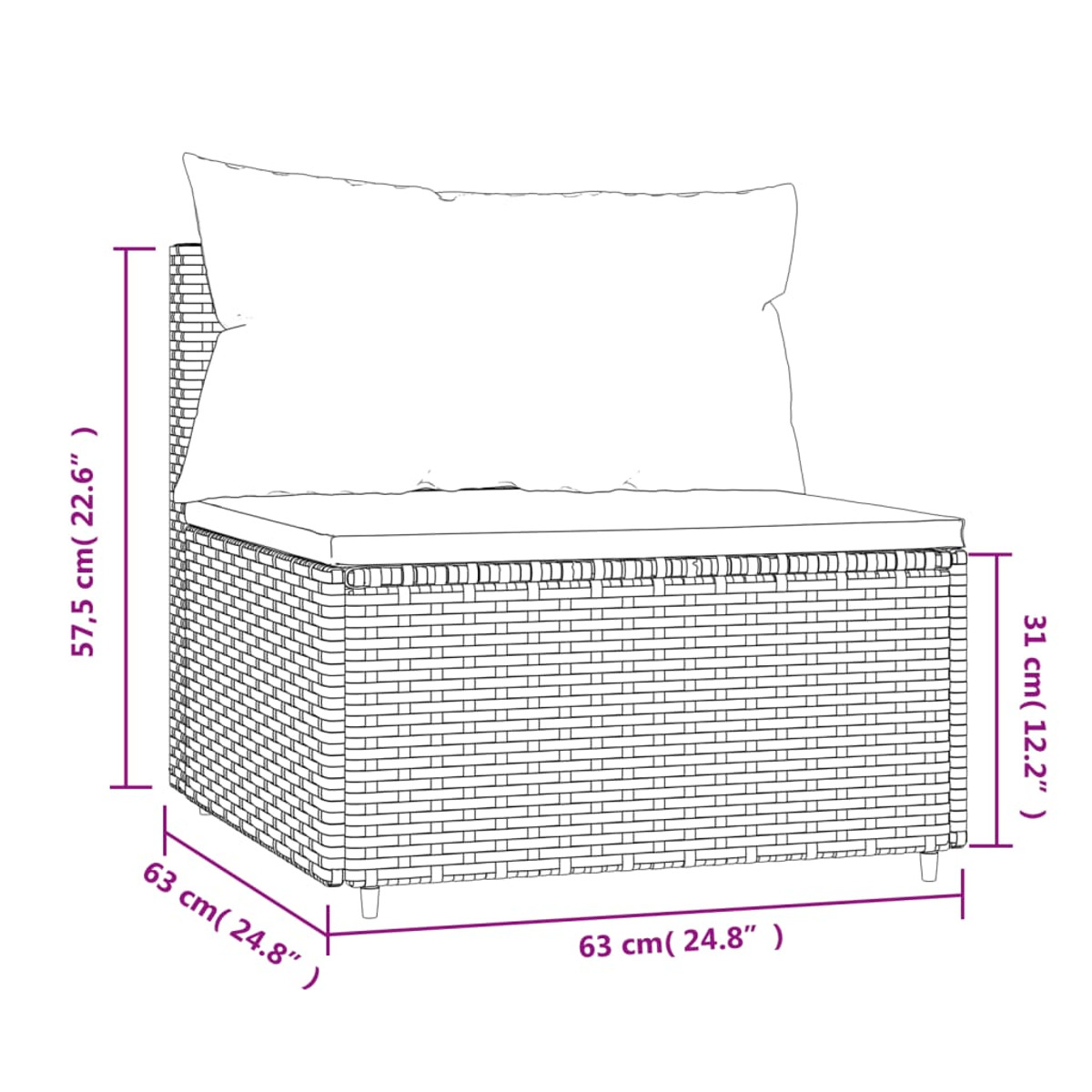 Rattan-Stuhl mit Kissen. Abmessungen sind angegeben. Weißer Hintergrund.