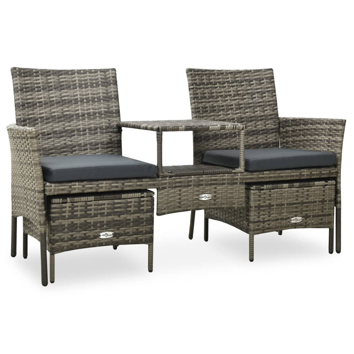 Geflochtenes Sitzmöbel-Set für draußen mit Tisch und Schubladen, graue Kissen.