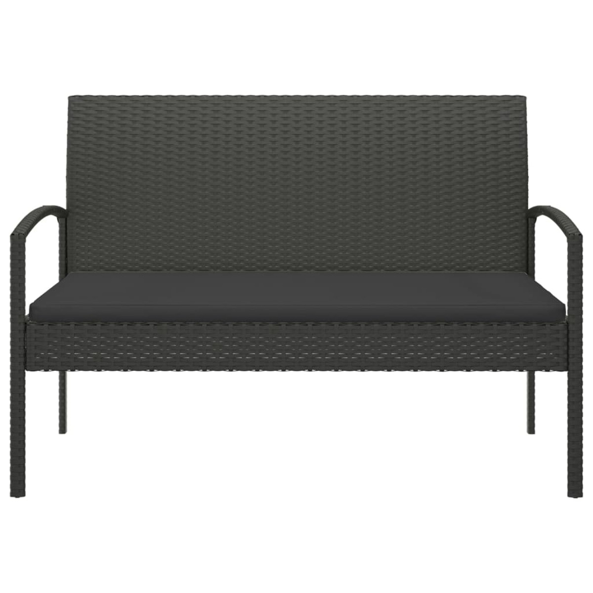 Dunkelgraues gewebtes Outdoor-Sofa mit dunkelgrauem Kissen und Armlehnen, freigestellt.