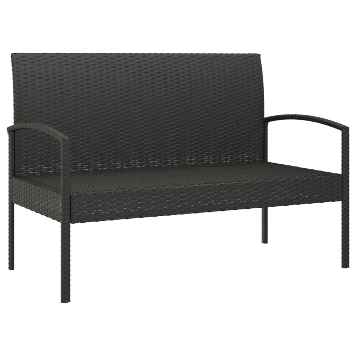 Eine dunkelgraue, gewebte Bank mit Armlehnen und Rückenlehne. Sie hat ein modernes, minimalistisches Design.