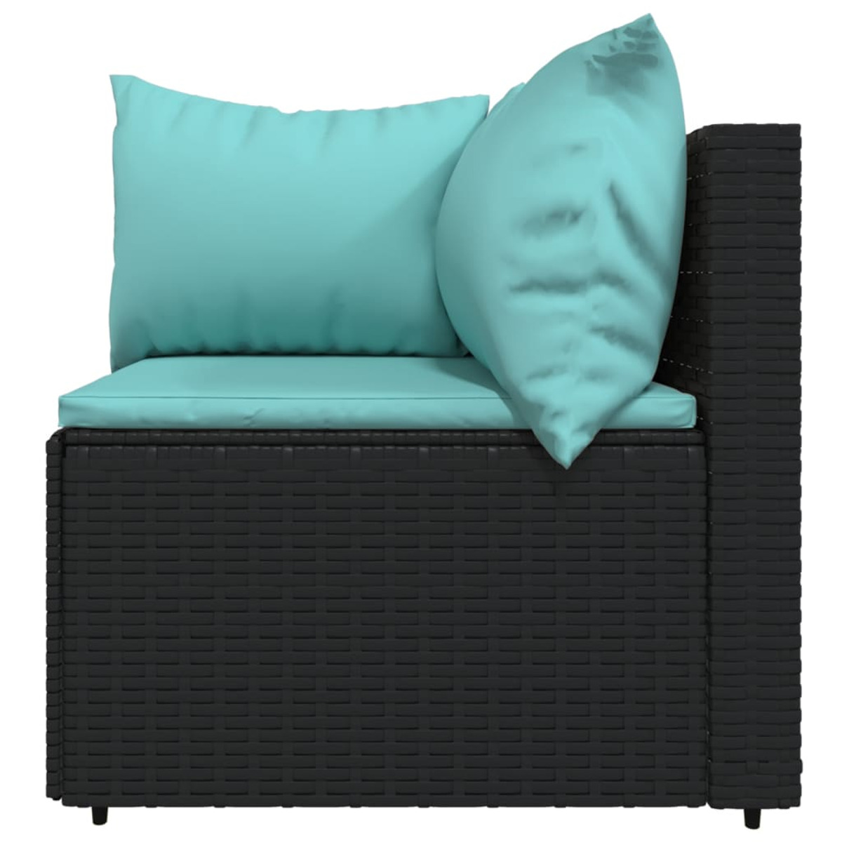 Ein schwarzes, gewebtes Ecksofa mit blauem Kissen und Kissen. Das Design ist modern und eckig.