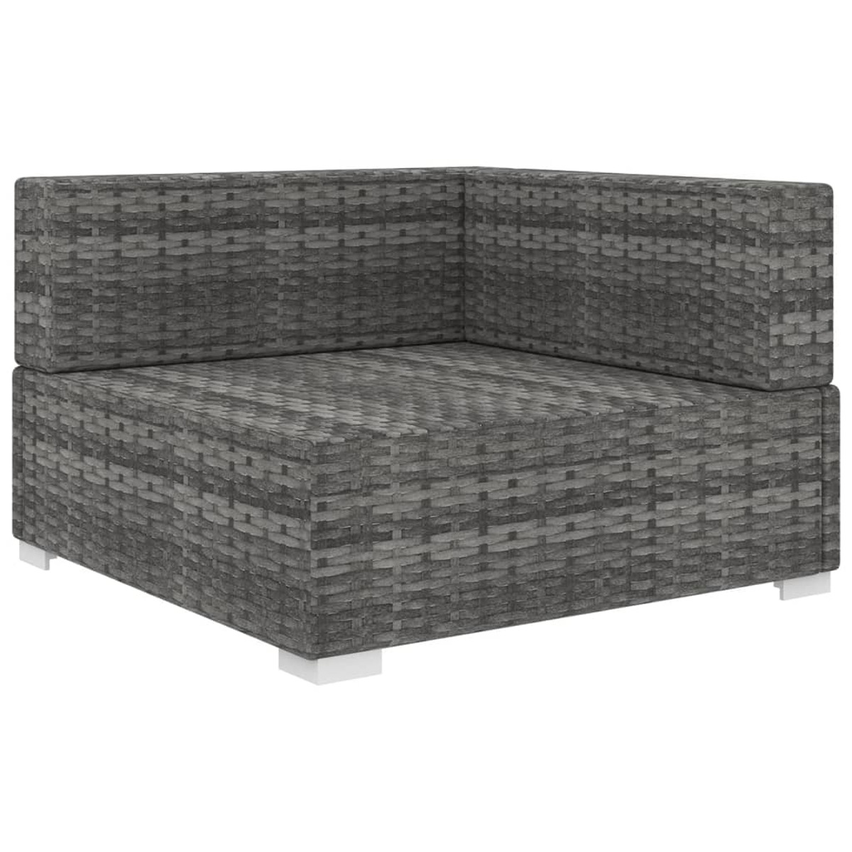 Graues Rattan-Ecksofa. Weiße Füße. Weißer Hintergrund.