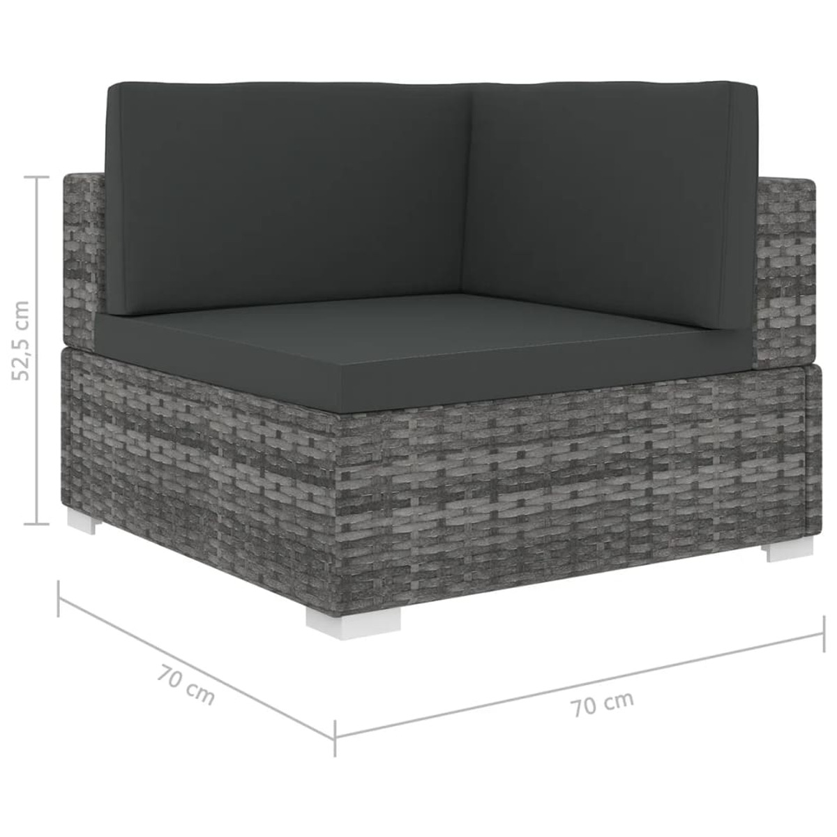 Graue Eck-Korbsessel mit einem Kissen. Das Sofa hat eine quadratische Form mit weißen Beinen.