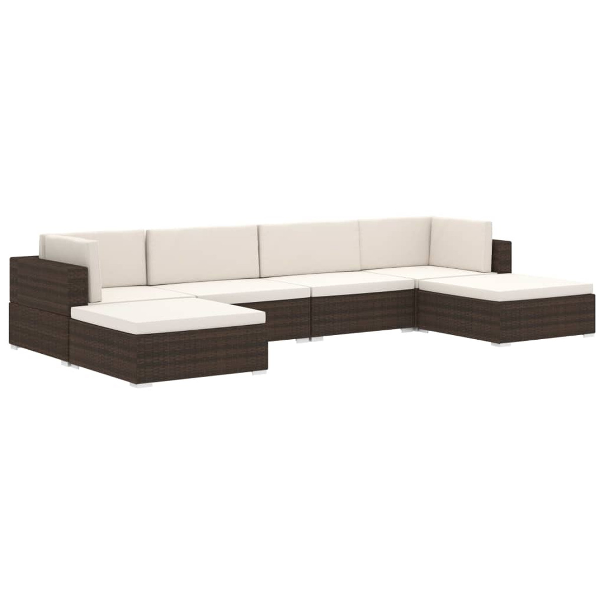 Ein modulares Outdoor-Ecksofa mit weißen Kissen und dunkelbraunem Sockel.