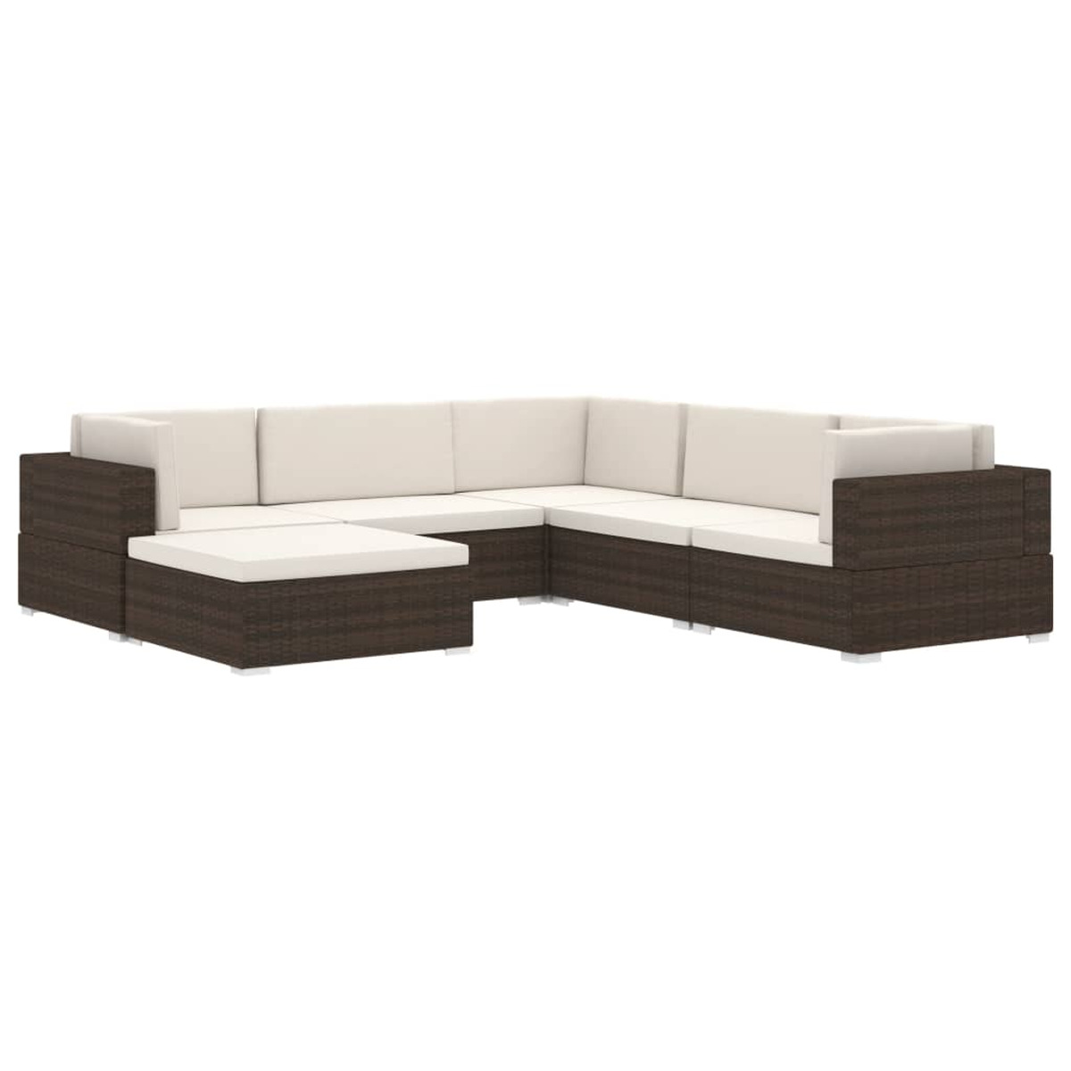 Ein U-förmiges Outdoor-Sofaset mit Kissen in Weiß und Braun, auf weißem Hintergrund.