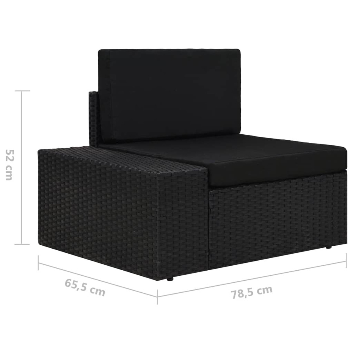 Schwarzer Korbstuhl mit den Maßen: 65,5 cm x 78,5 cm x 52 cm. Weißer Hintergrund.