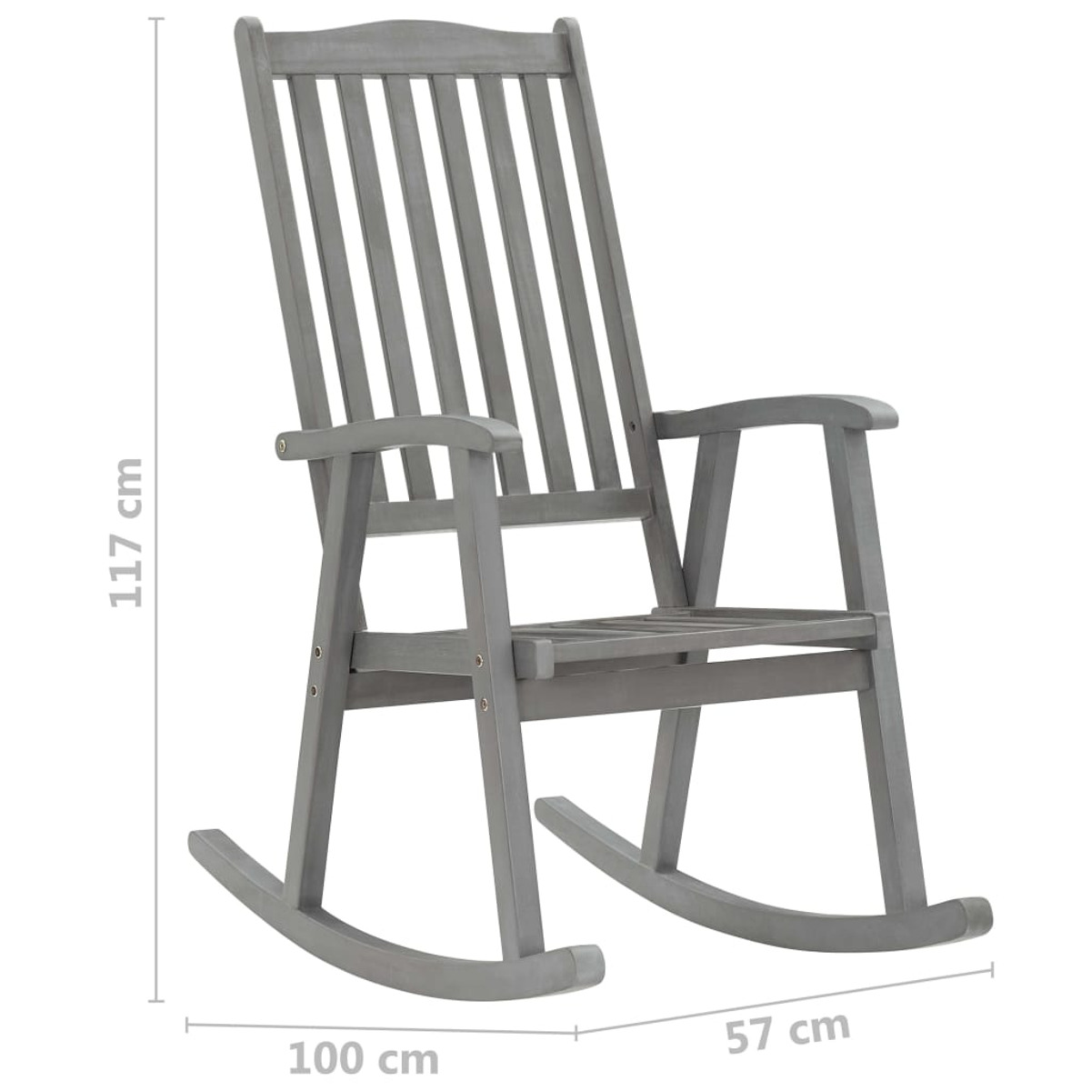 Grauer Holzschaukelstuhl. Latten-Rückenlehne, Armlehnen und gebogene Schaukeln.
